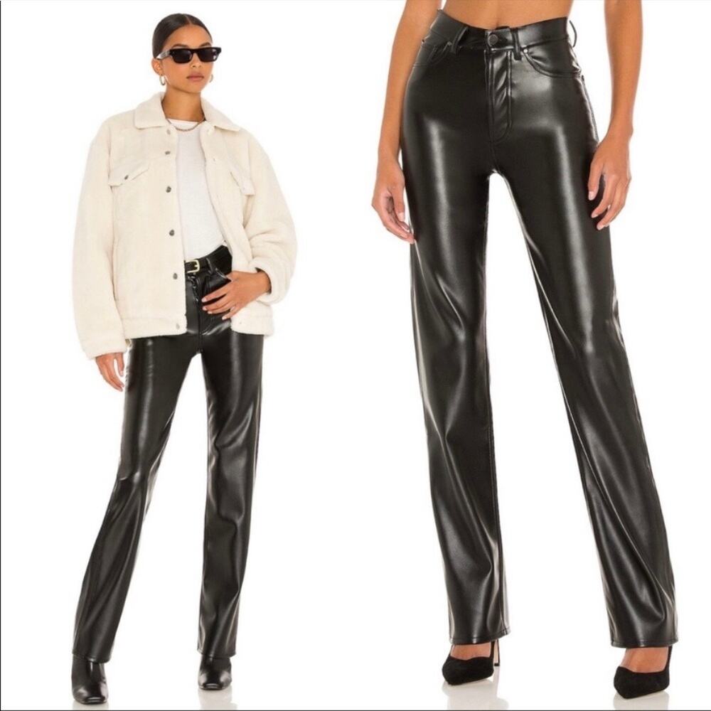 Anine Bing Kat black high waist straight leg button fly vegan leather pants 2